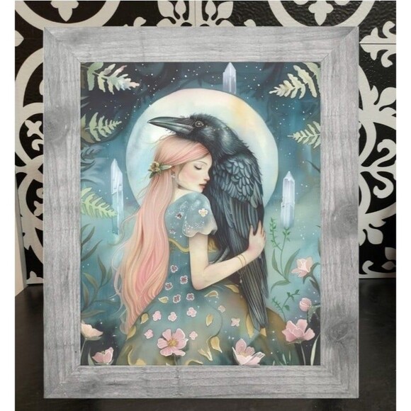 Set 4 Framed Spirit Animal Raven Crow Fox Owl Wolf Hug Crystals Prints - Picture 3 of 5